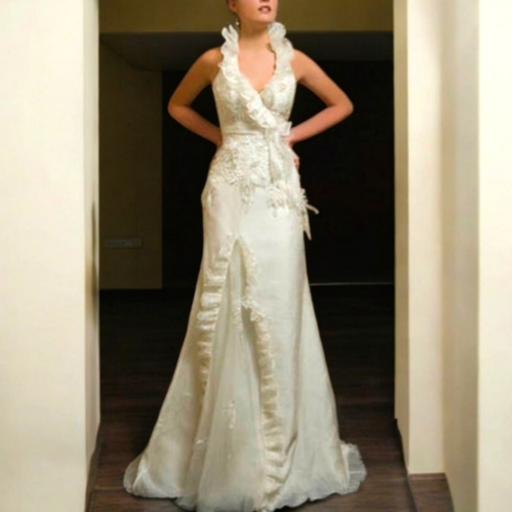 DEMETRIOS #3086 Ivory Organza & Lace Halter Mermaid Wedding Gown Ruffles Sz 6/8